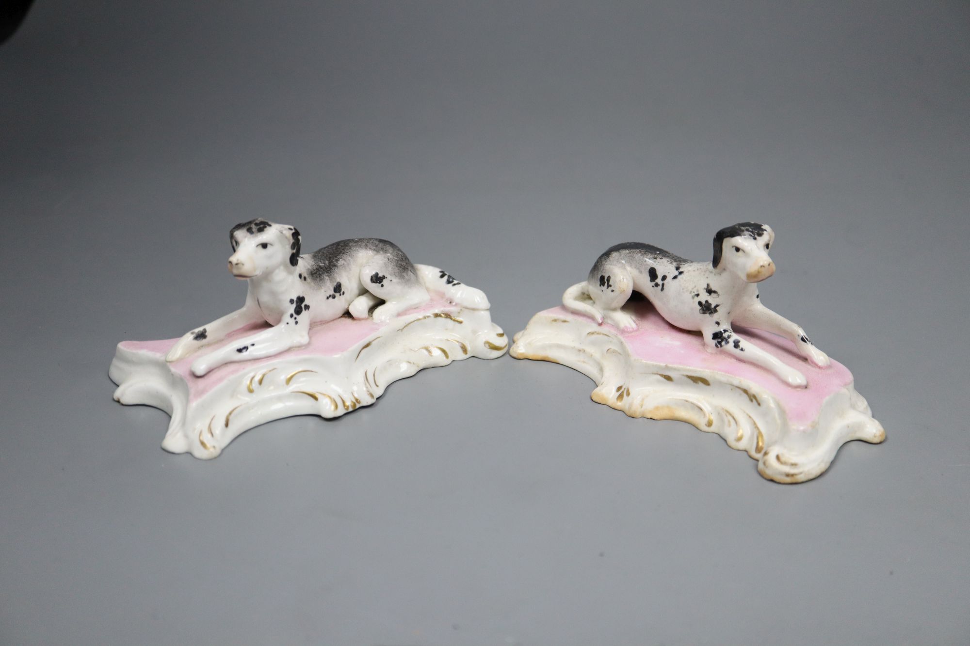 A pair of Staffordshire porcelain figures of recumbent pointers or setters, c.1835-50, 12cm long